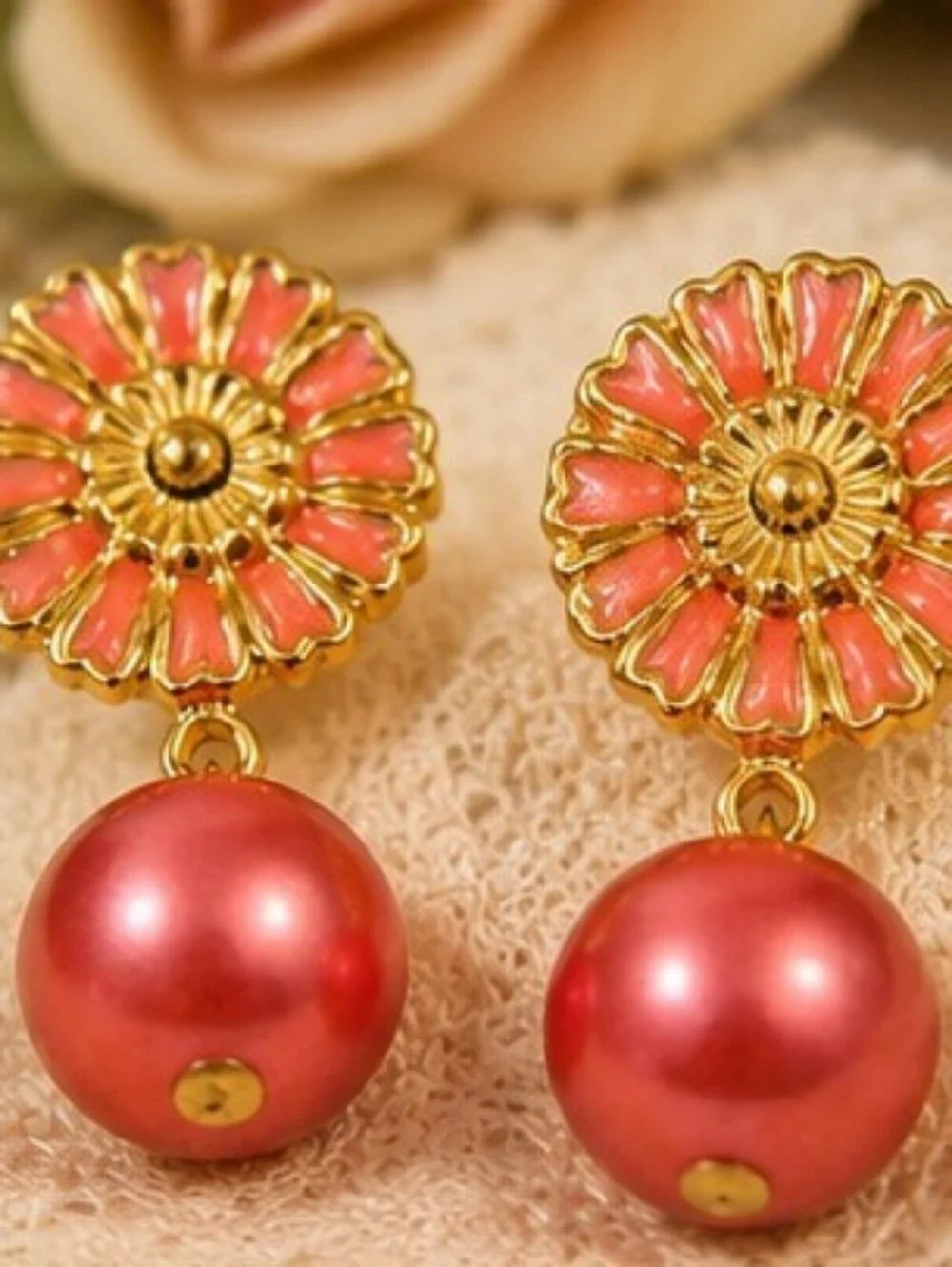 Vintage Sarah Coventry Pink Enamel Floral Pearl Drop Earrings NOS